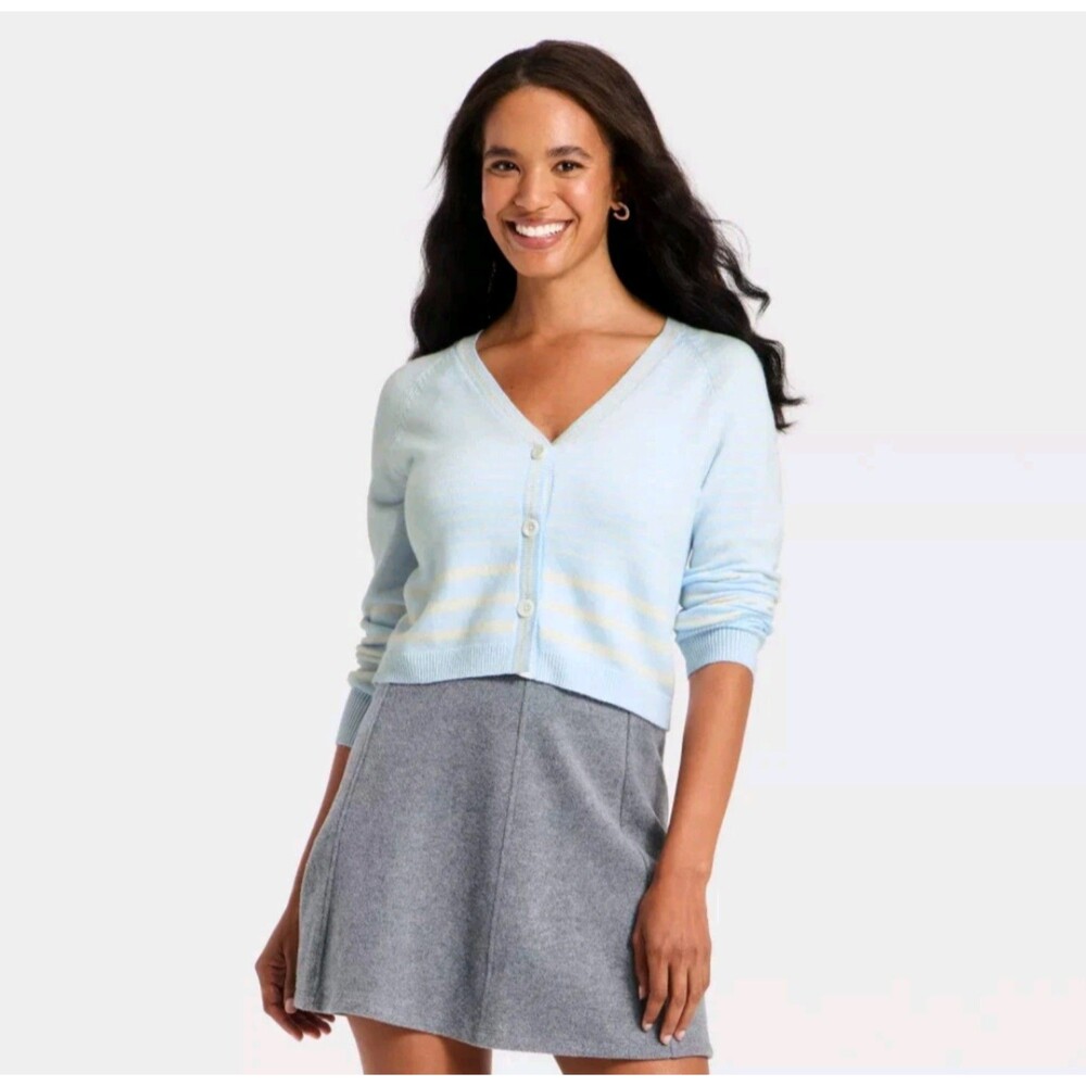 Women's A New Day Long Sleeve V-Neck Button Front Cardigan Blue Striped